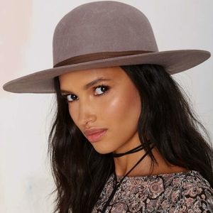Brixton Wide-Brim Taupe Wool Fedora with Brown Band